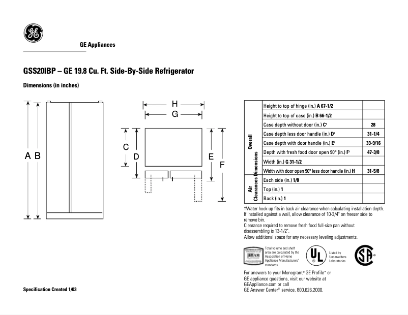 Page n°1 - Fiche technique GE GSS20IBPWW