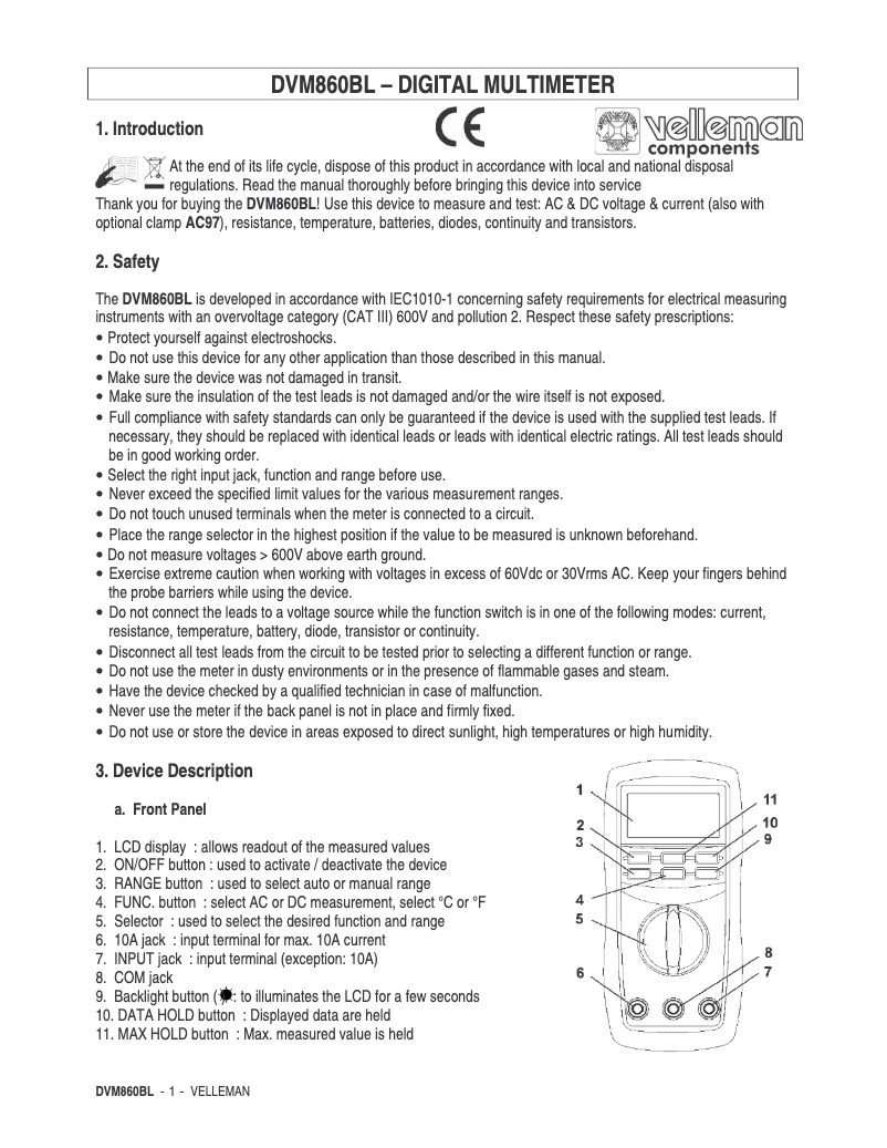Página 1 del manual Manual de usuario Velleman DVM860BL