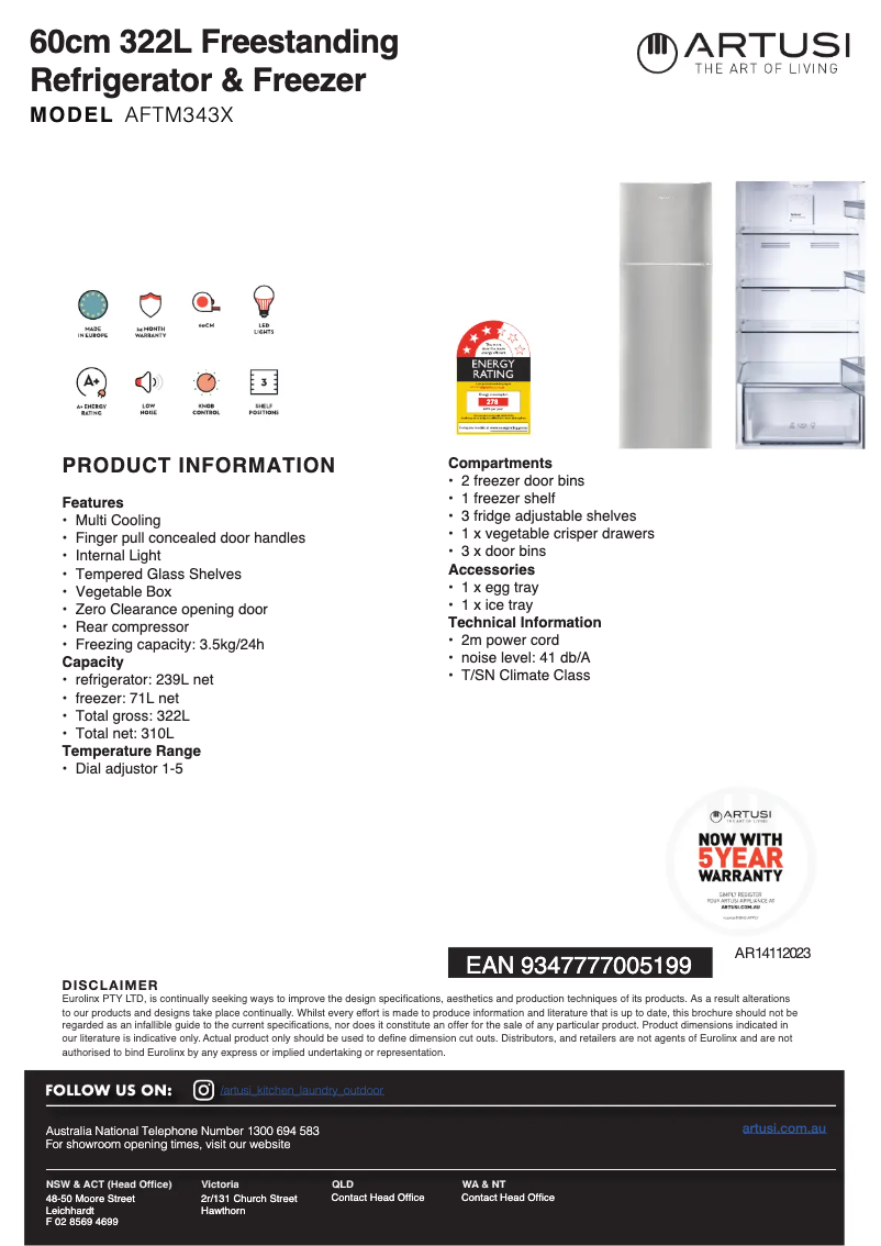 Página 1 del manual Ficha técnica Artusi AFTM343X