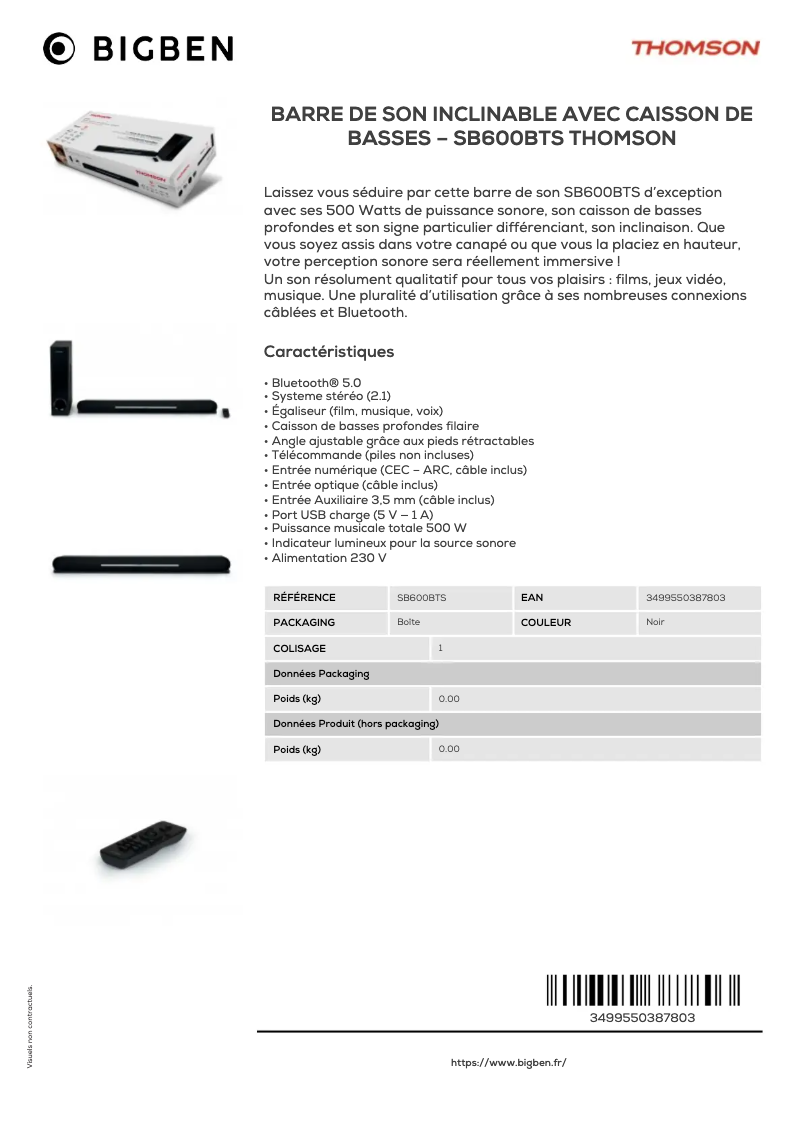 Página 1 del manual Ficha técnica Thomson SB600BTS