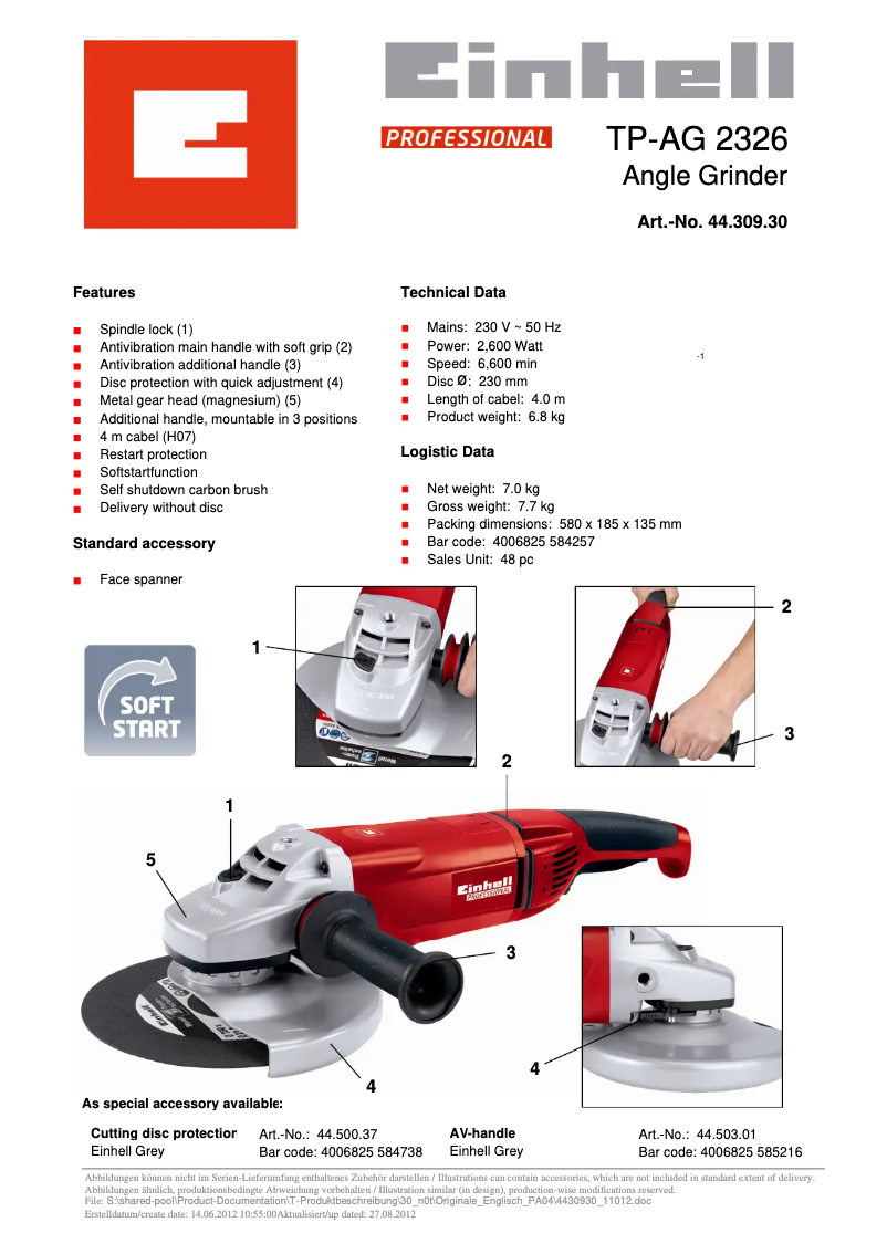Page 1 de la notice Fiche technique Einhell TP-AG 2326