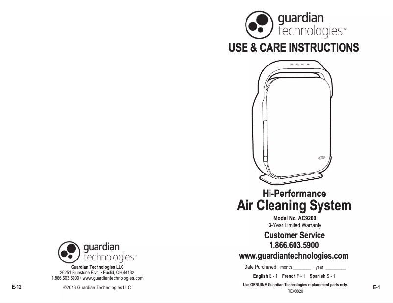 Page 1 de la notice Manuel utilisateur Guardian AC9200