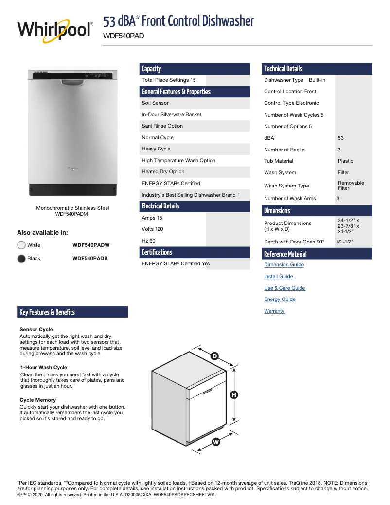 Página 1 del manual Ficha técnica Whirlpool WDF540PADM