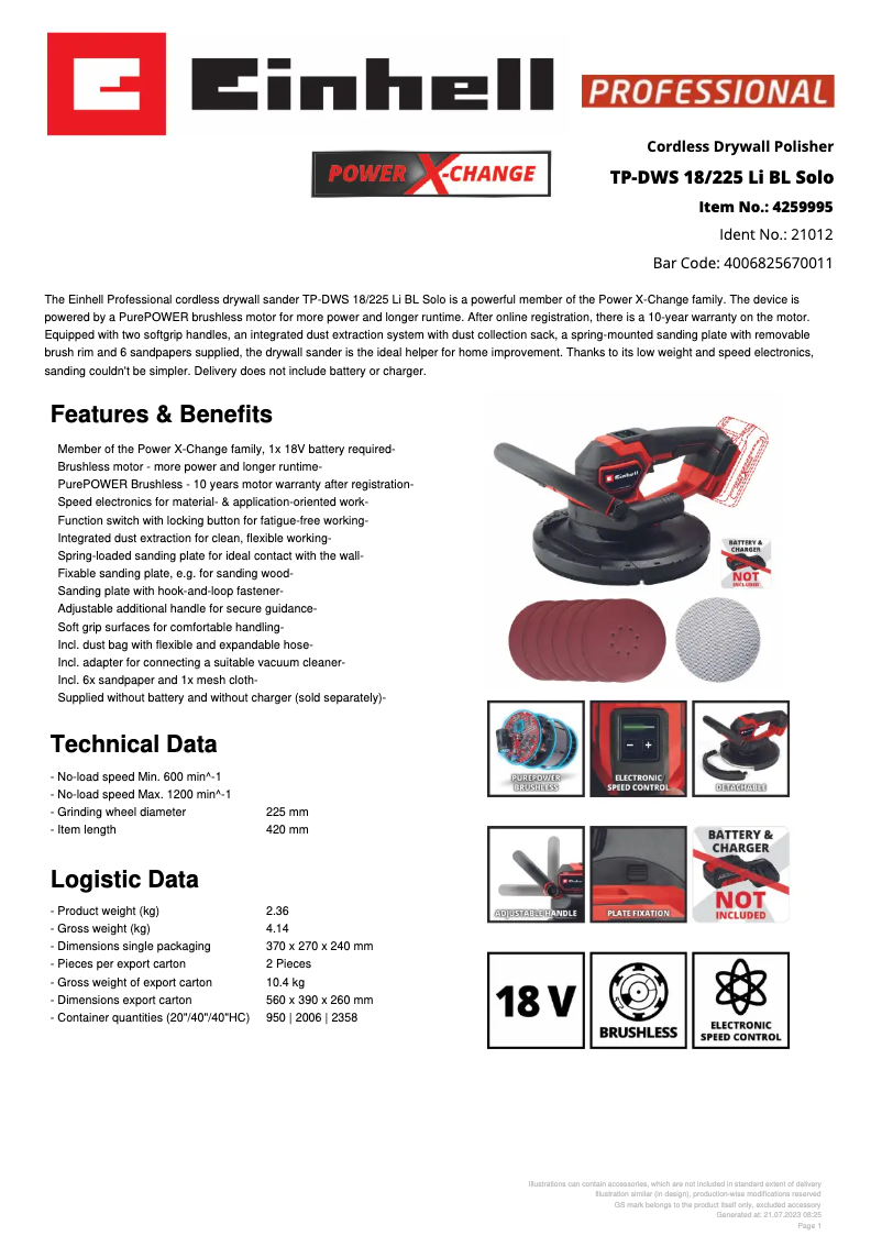 Page 1 de la notice Fiche technique Einhell TP-DWS 18/225 Li BL