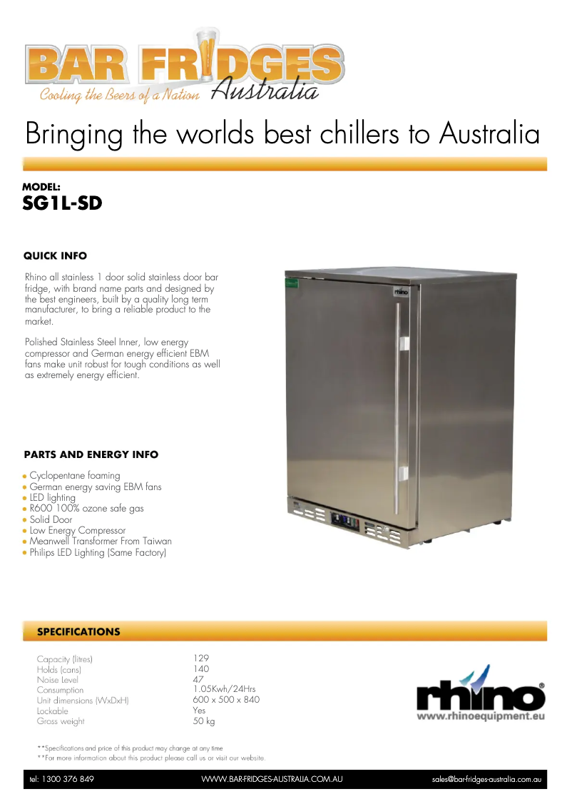 Page 1 de la notice Fiche technique Rhino SG1L-SD