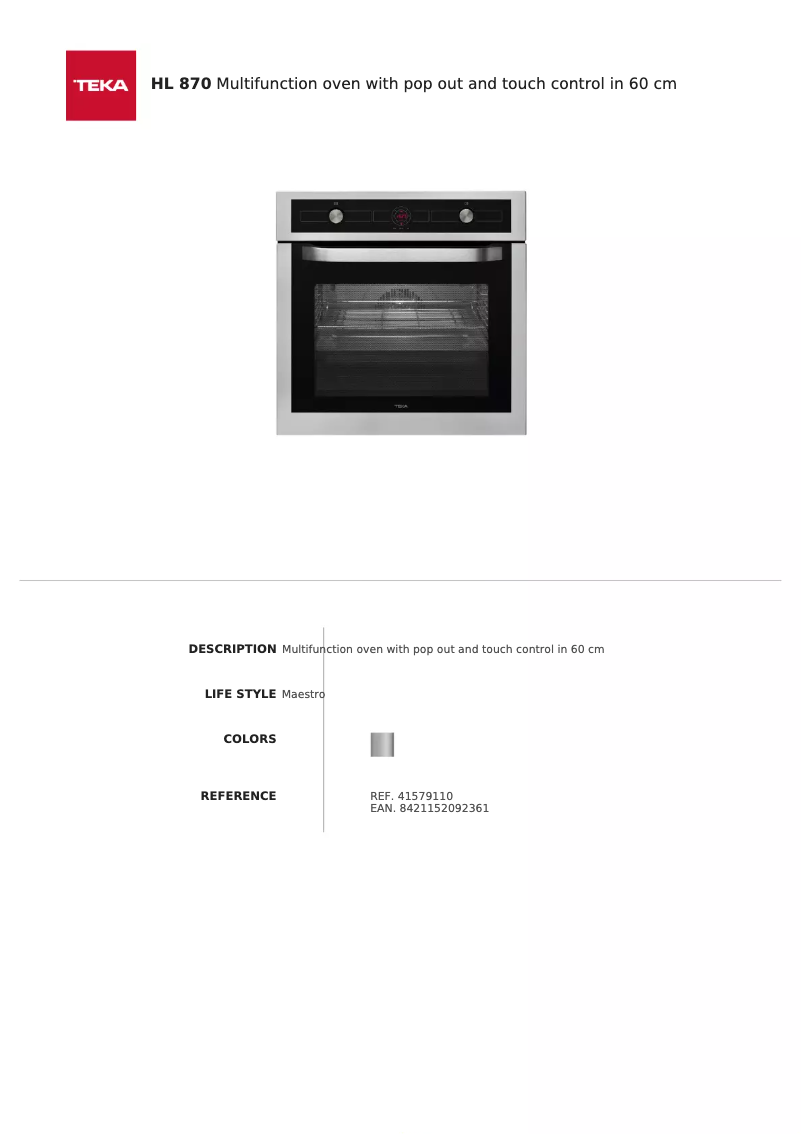 Page 1 of the manual Technical Sheet Teka HL 870
