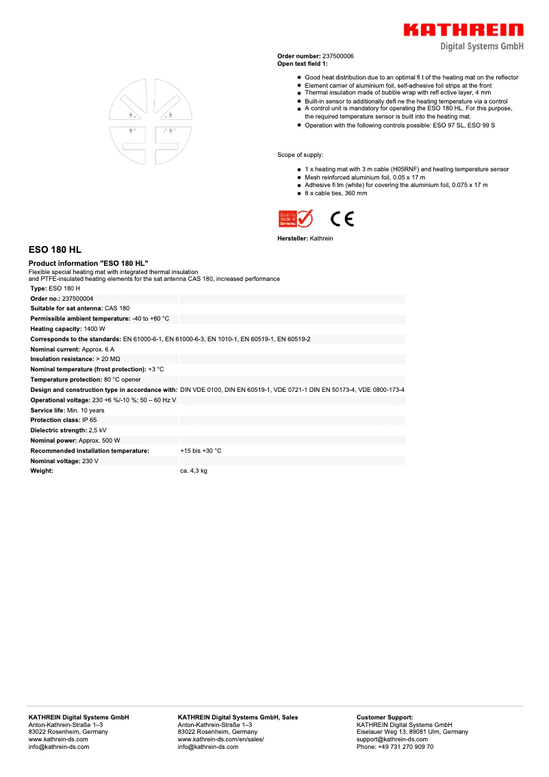 Page 1 de la notice Fiche technique Kathrein ESO 180 HL