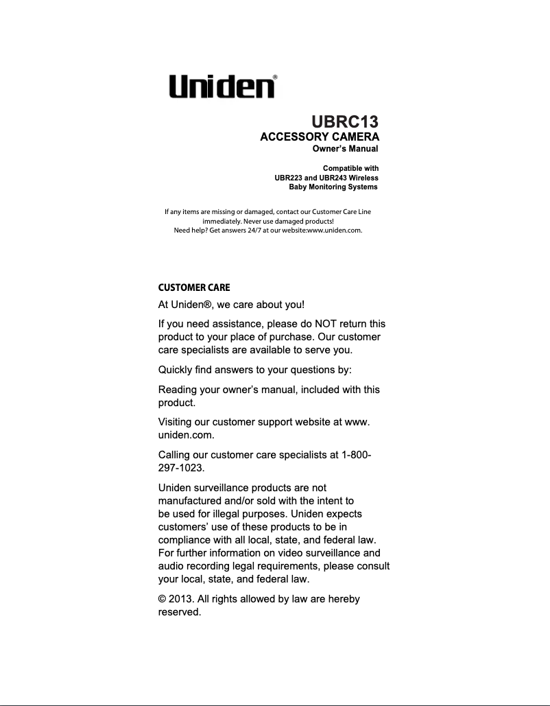 Page 1 de la notice Manuel utilisateur Uniden Lullaboo UBRC13