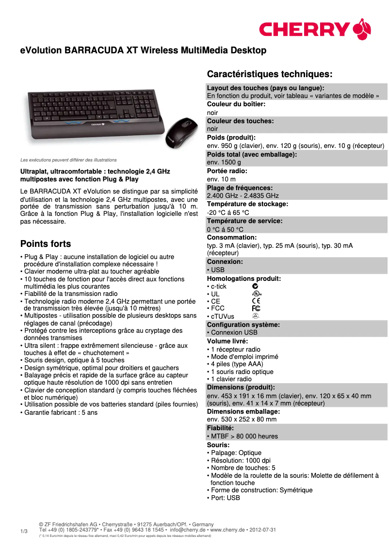 Page 1 de la notice Fiche technique Cherry eVolution BARRACUDA XT
