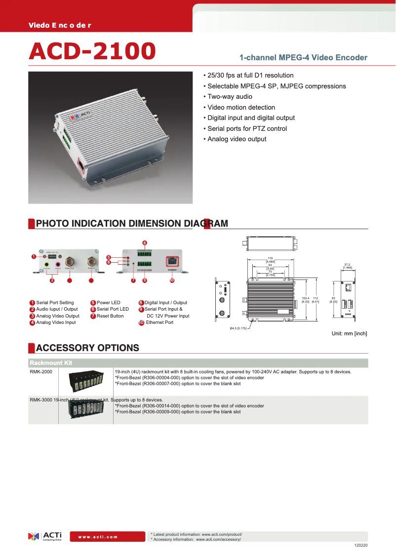 Page 1 de la notice Fiche technique ACTi ACD-2100