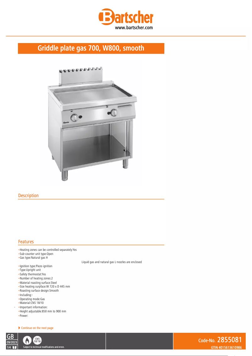 Page 1 de la notice Fiche technique Bartscher 2855081