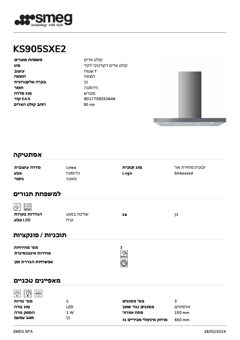 Page 1 de la notice Fiche technique Smeg KS905SXE2