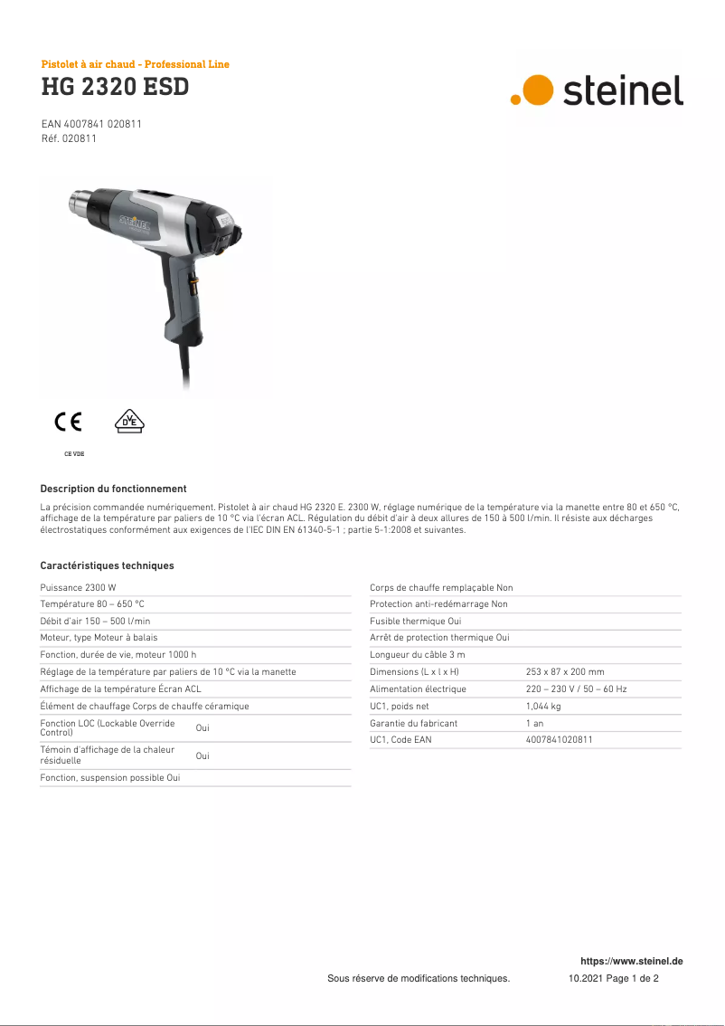 Page 1 de la notice Fiche technique Steinel HG 2320 ESD