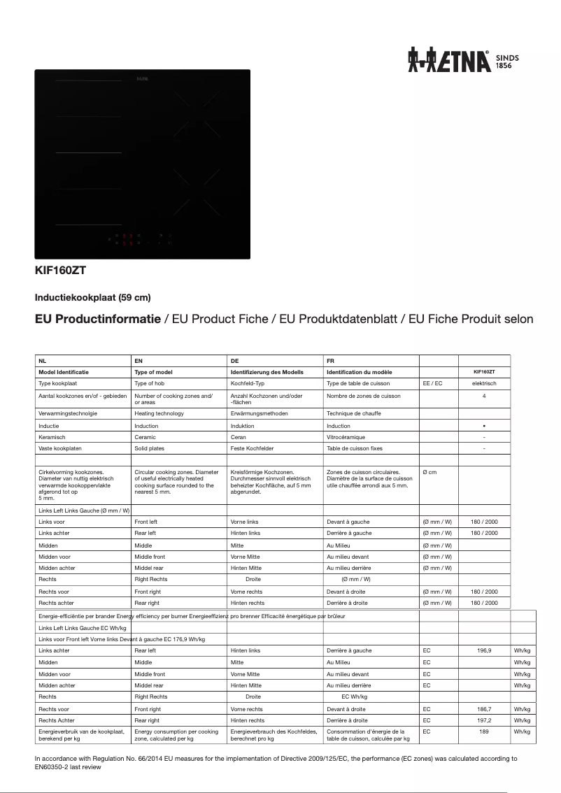 Page 1 de la notice Fiche technique Etna KIF160ZT