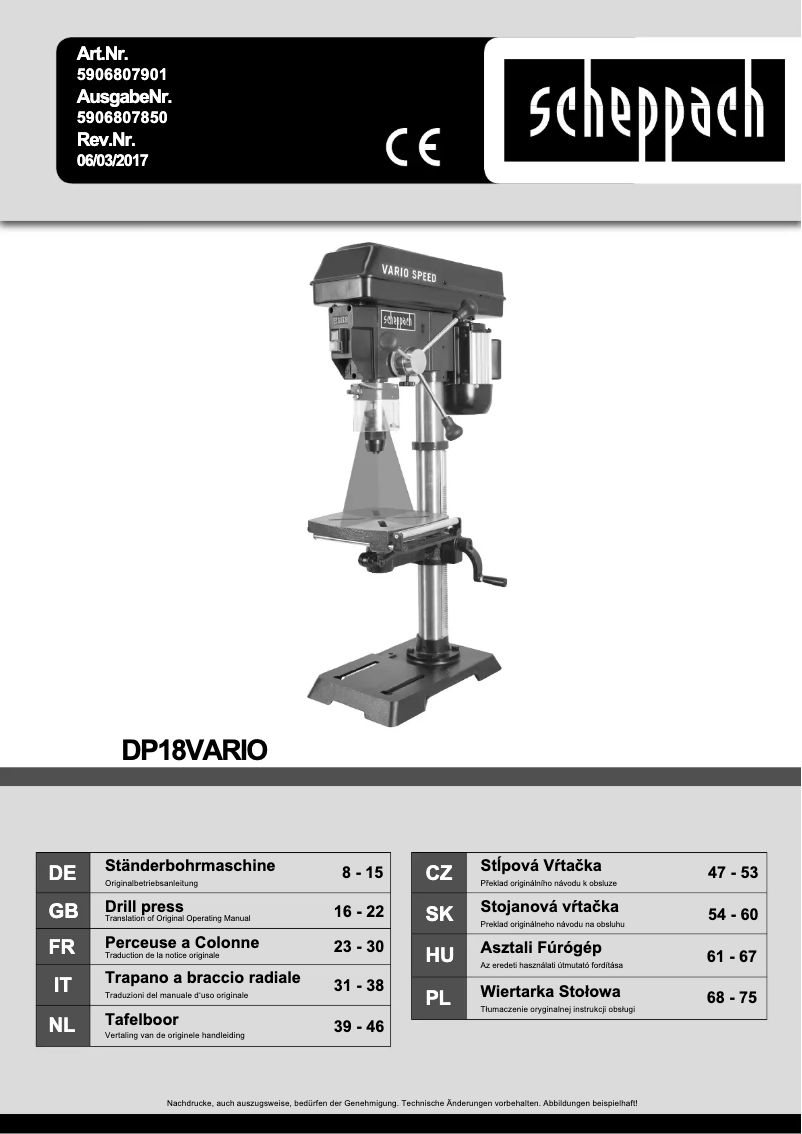 Page 1 de la notice Manuel utilisateur Scheppach DP18Vario