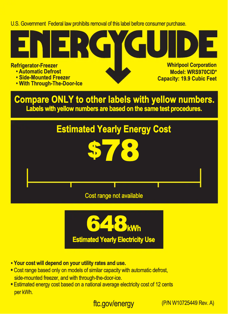 Page 1 de la notice Label énergétique Whirlpool WRS970CID