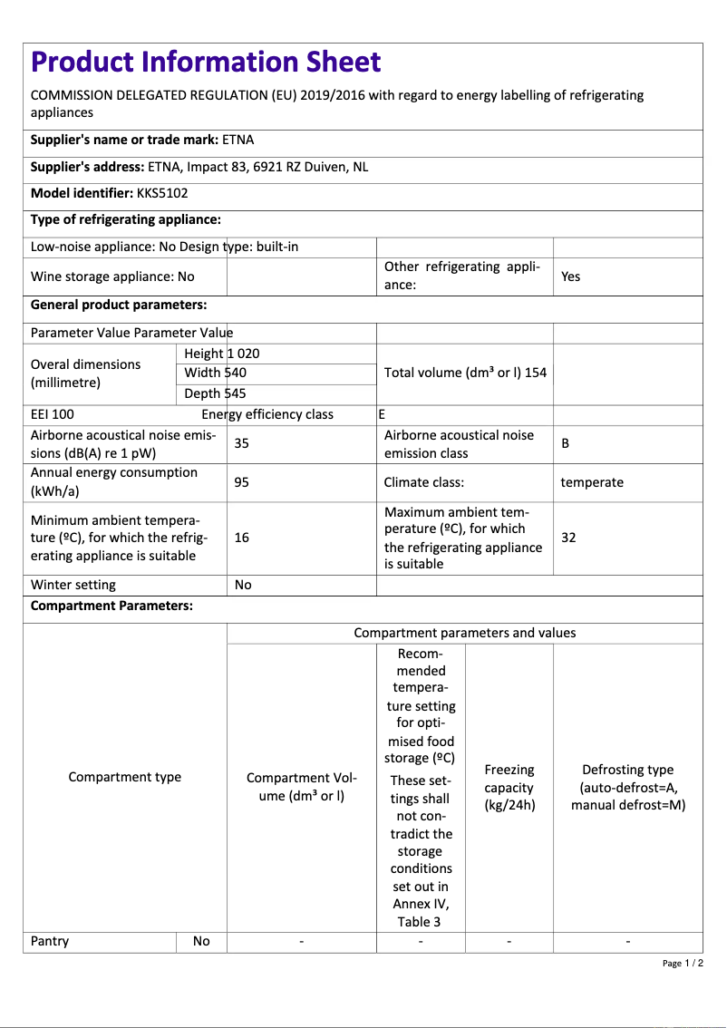 Page 1 de la notice Fiche technique Etna KKS5102