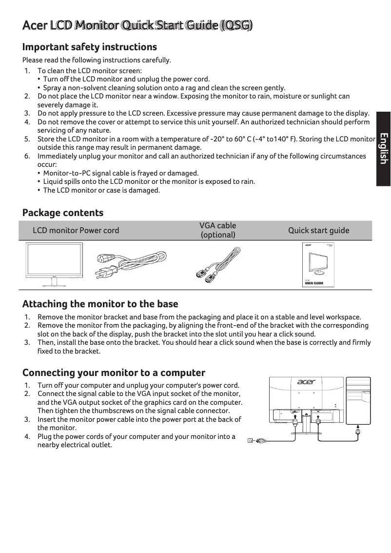 Page 1 de la notice Guide de démarrage rapide Acer EB162Q