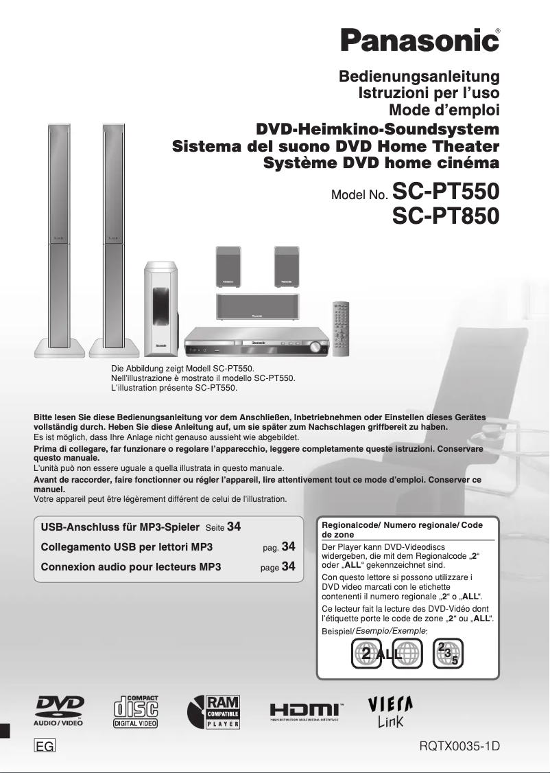 Page 1 de la notice Manuel utilisateur Panasonic SC-PT850