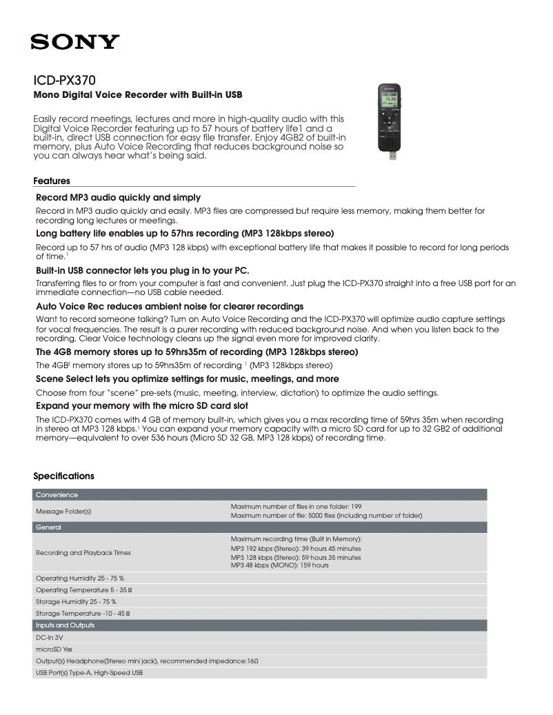 Page 1 de la notice Fiche technique Sony ICD-PX370