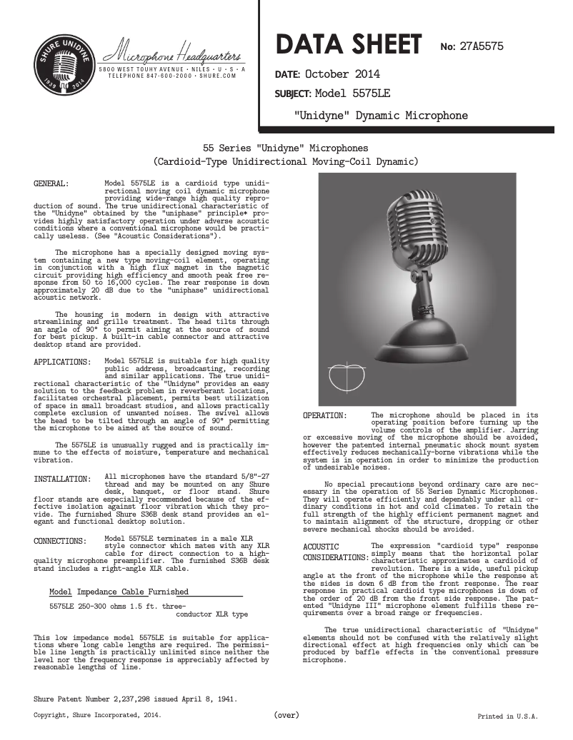 Page 1 de la notice Manuel utilisateur Shure 5575LE