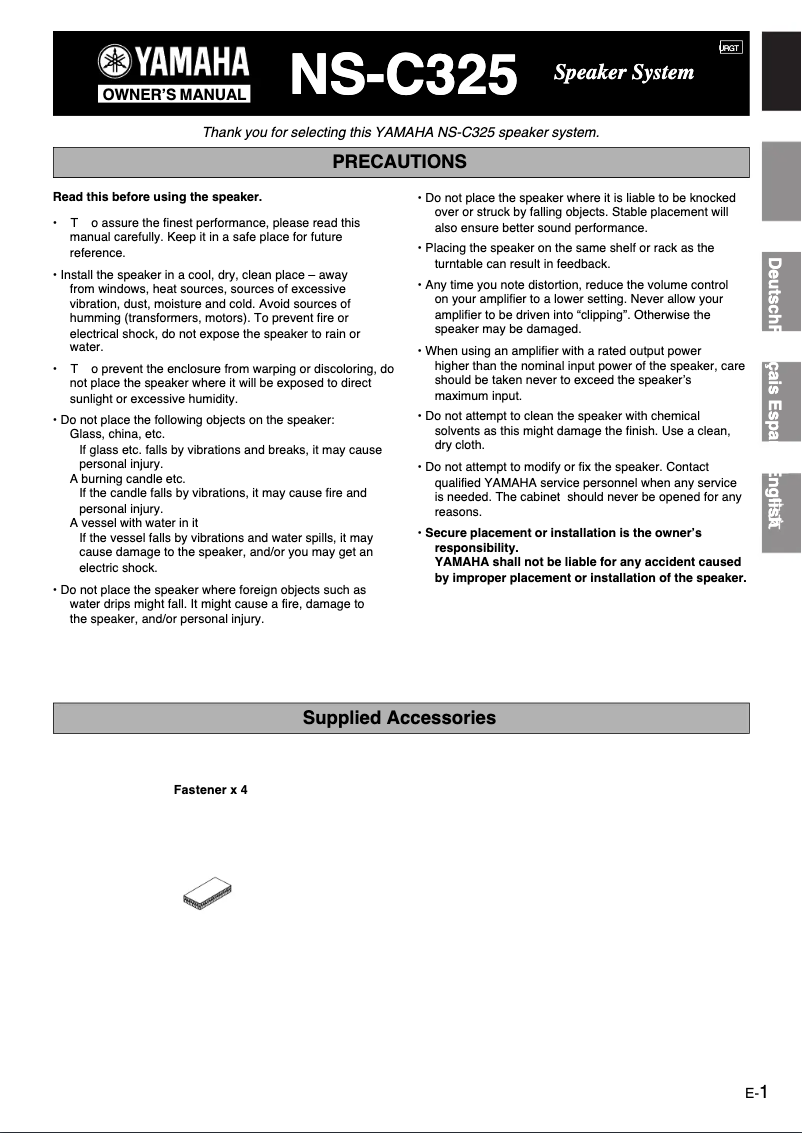 Page 1 de la notice Manuel utilisateur Yamaha NS-C325