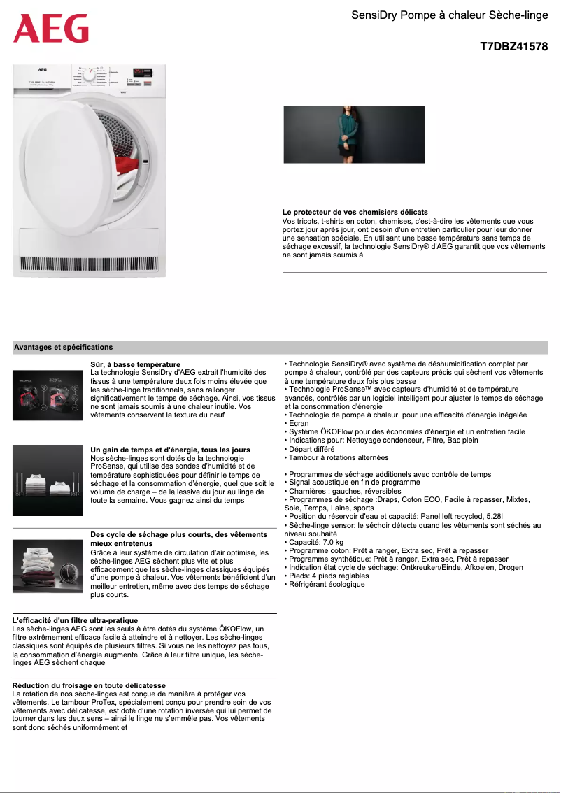 Page 1 de la notice Fiche technique AEG T7DBZ41578