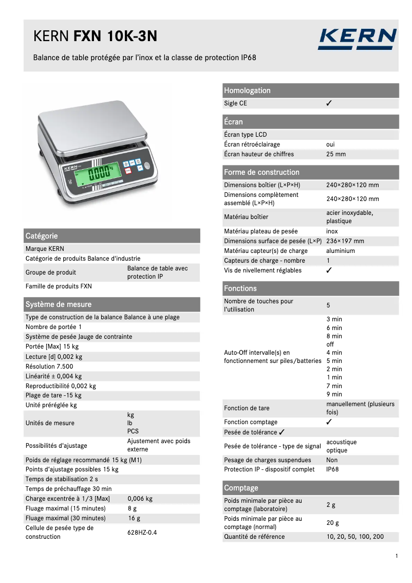 Page 1 de la notice Fiche technique Kern FXN 10K-3N