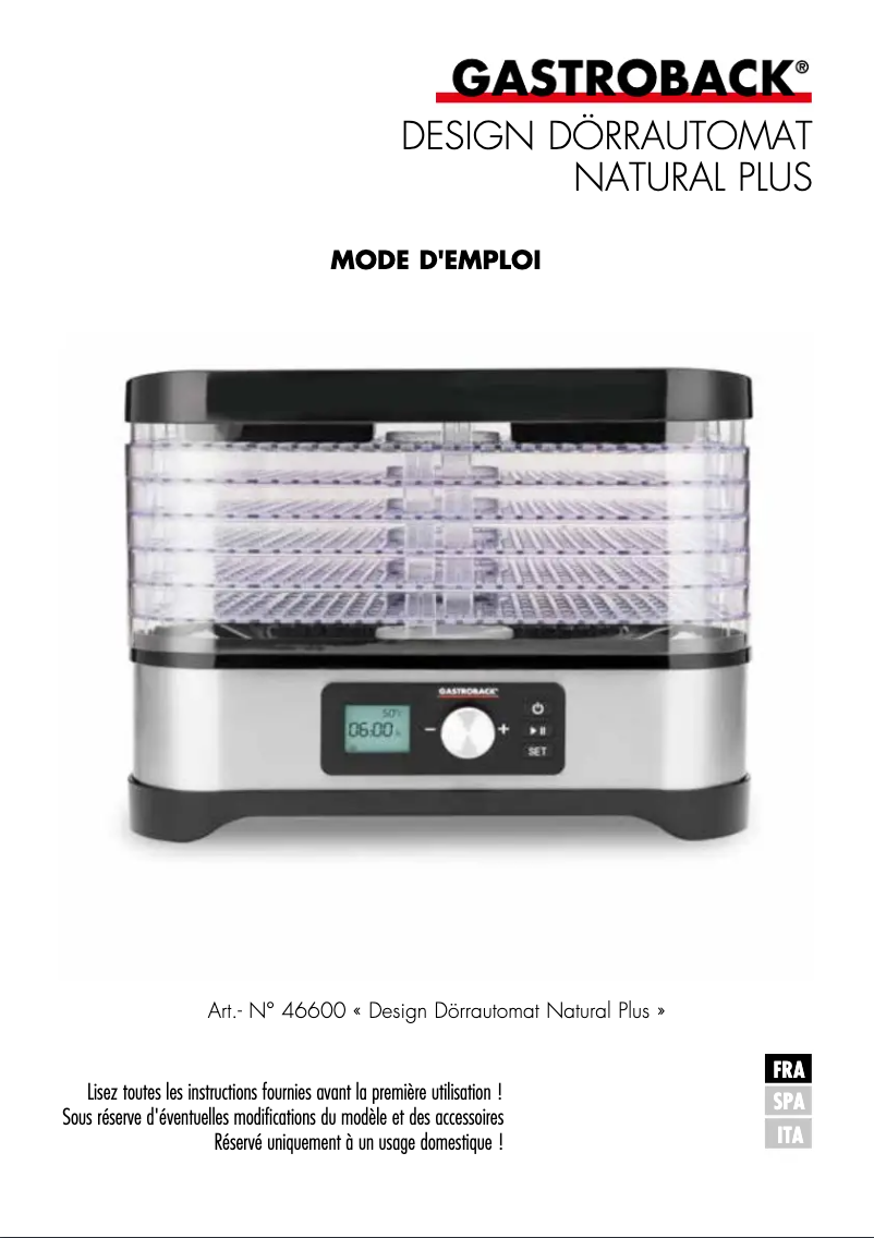 Page 1 de la notice Manuel utilisateur Gastroback Design Natural Plus 46600
