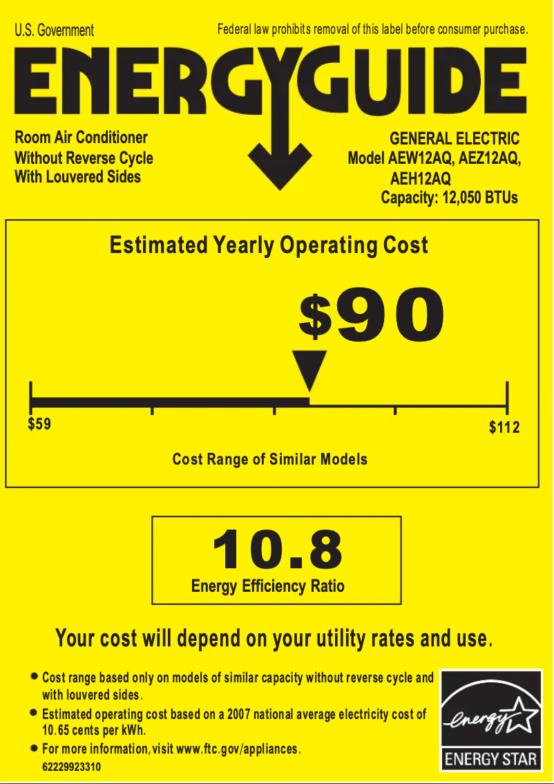 Page 1 de la notice Label énergétique GE AEW12AQ
