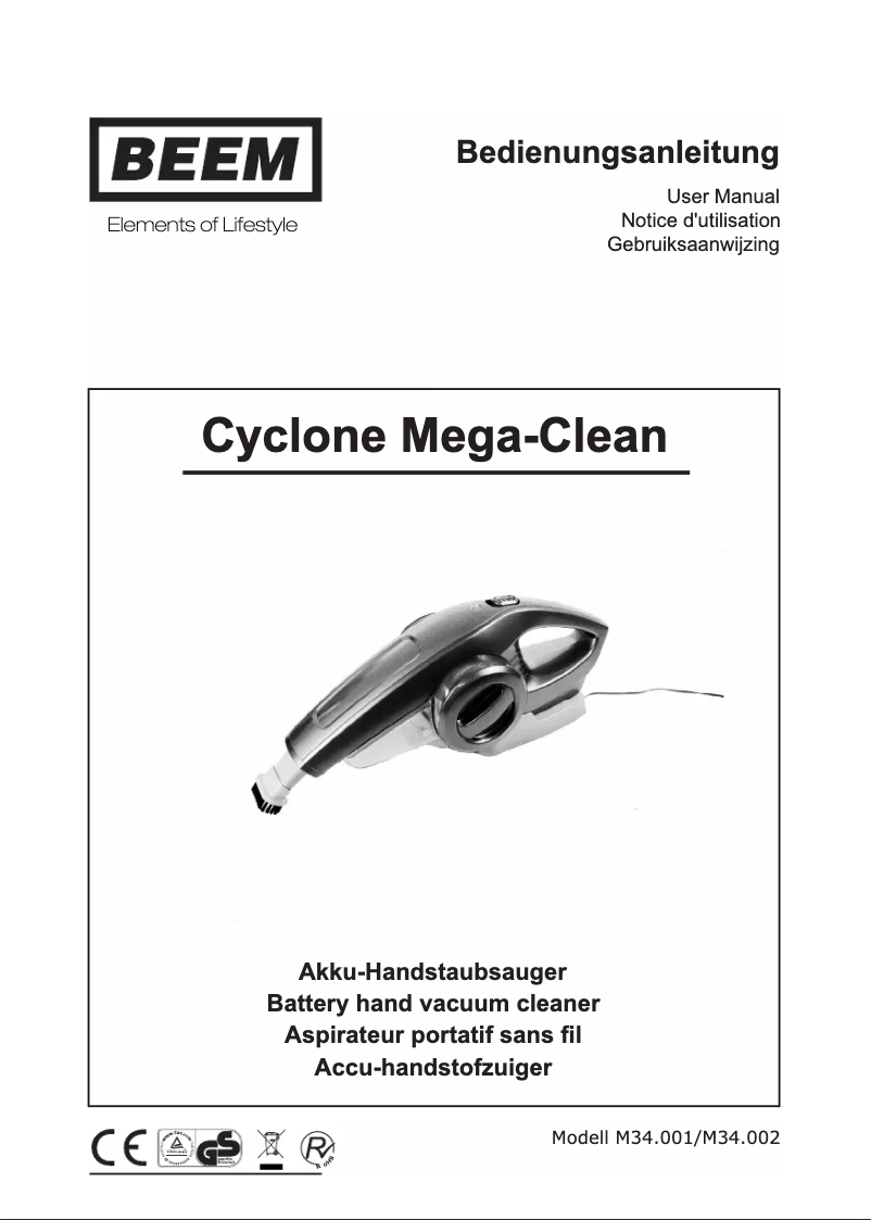 Page 1 de la notice Manuel utilisateur BEEM Cyclone Mega-Clean