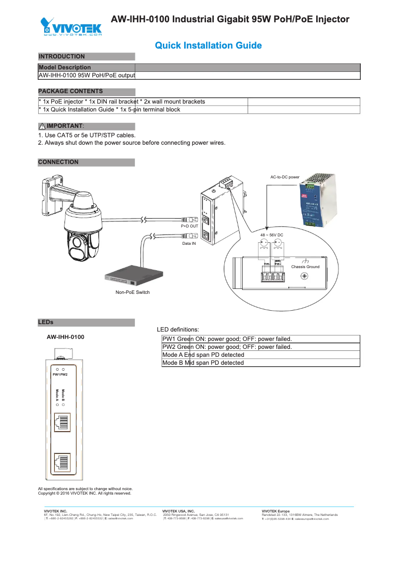 Page 1 de la notice Guide d'installation Vivotek AW-IHH-0110