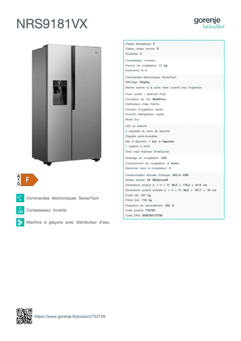 Página 1 del manual Ficha técnica Gorenje NRS9181VX