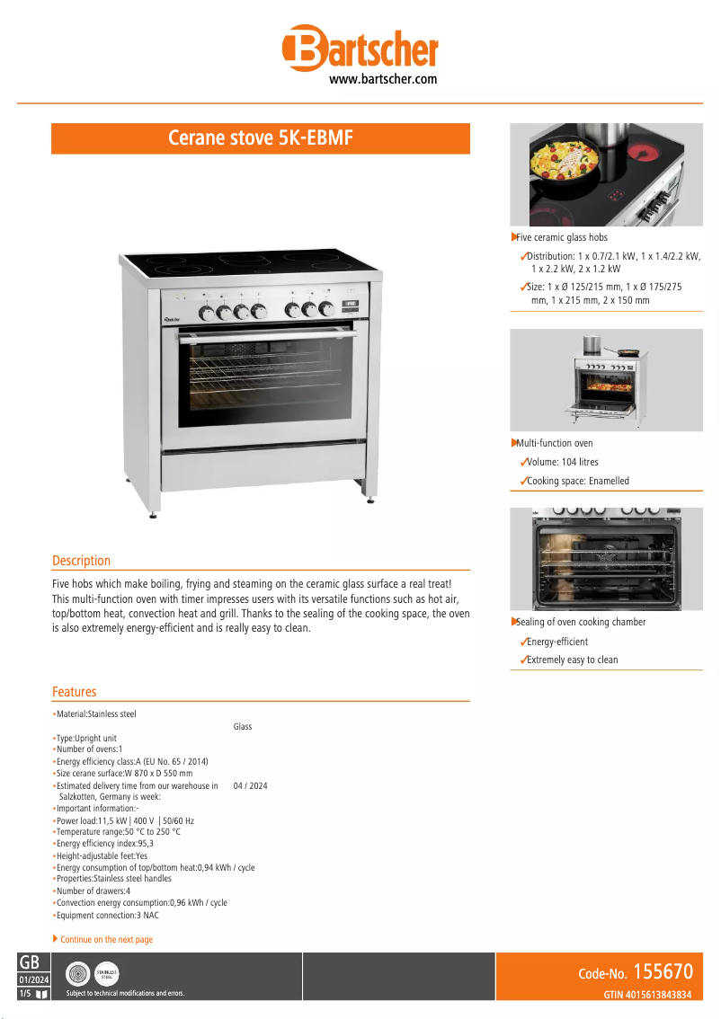 Page 1 de la notice Fiche technique Bartscher 5K-EBMF