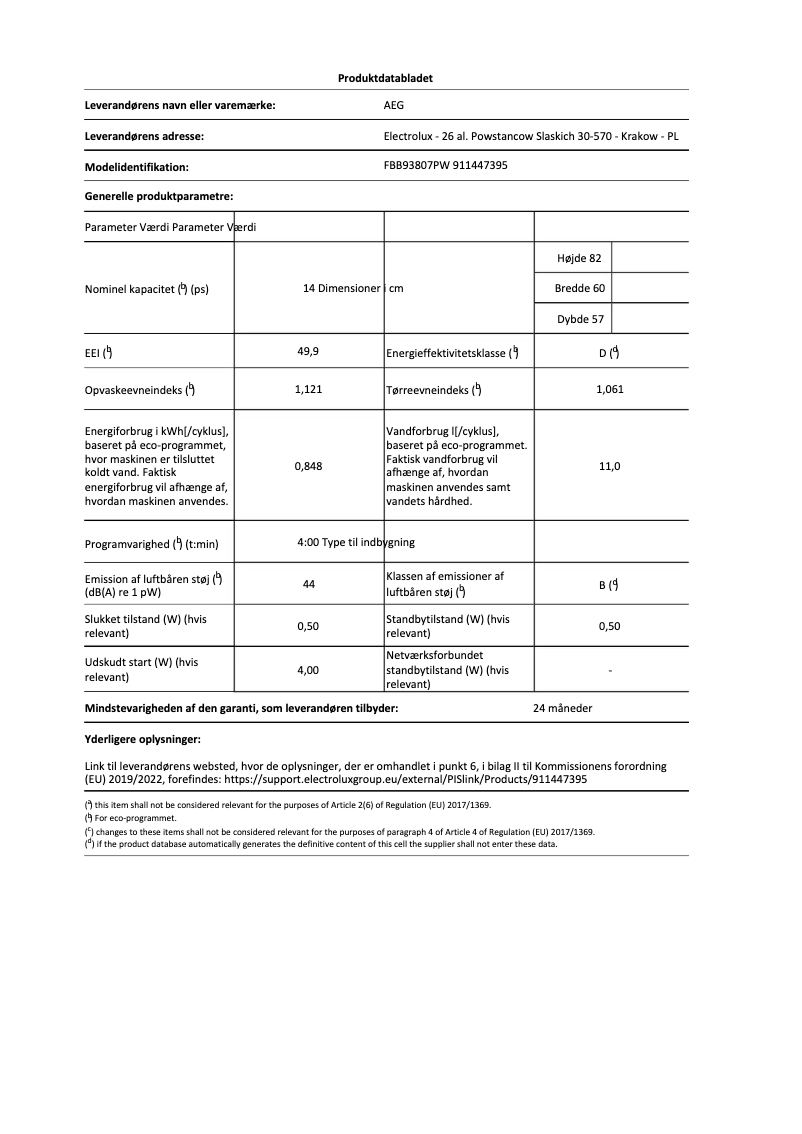 Page 1 de la notice Fiche technique AEG FBB93807PW
