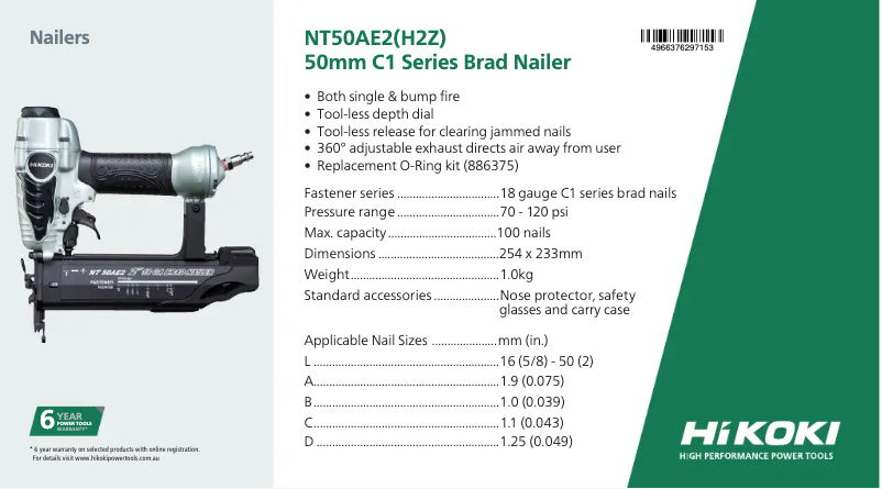 Page 1 de la notice Fiche technique HiKOKI NT50AE2