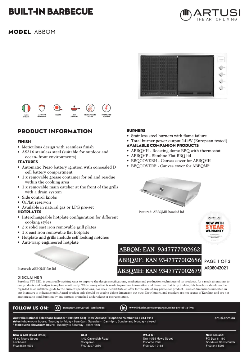 Page 1 of the manual Technical Sheet Artusi ABBQM