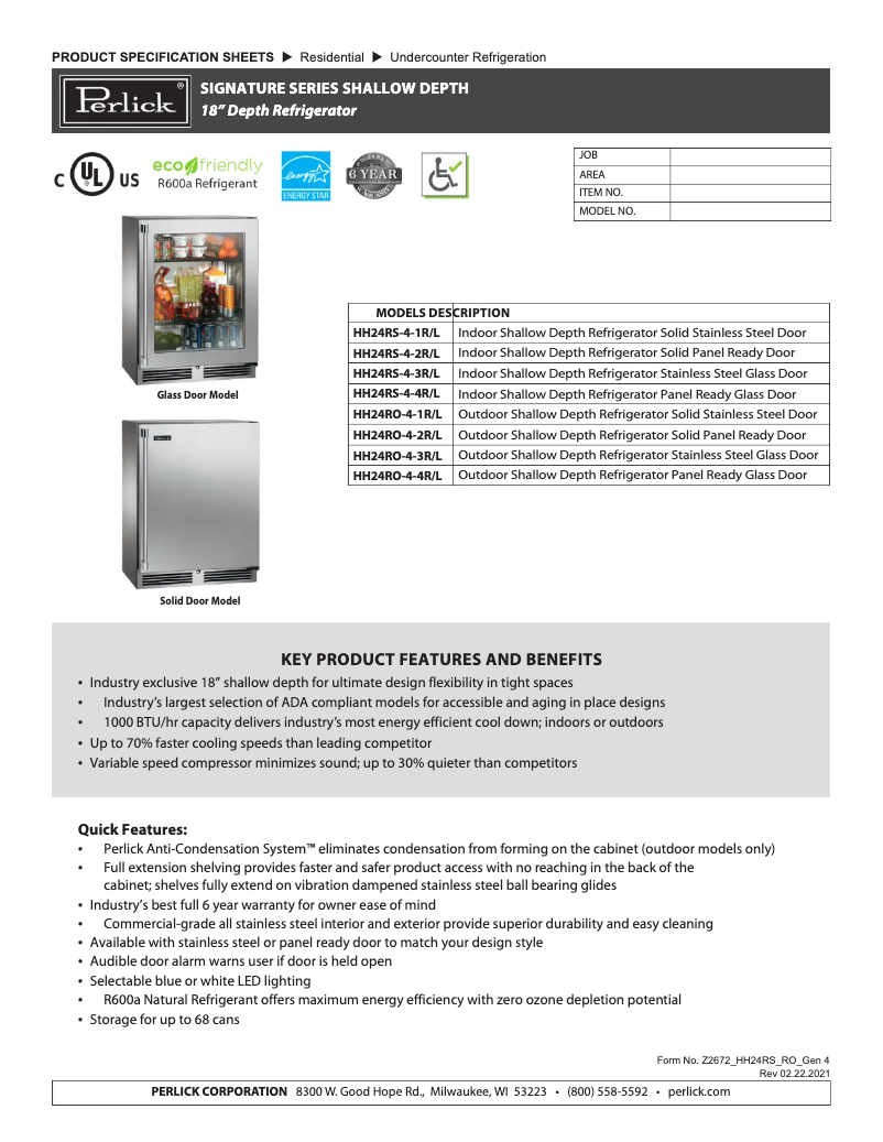 Page 1 de la notice Fiche technique Perlick HH24RS-4-2R