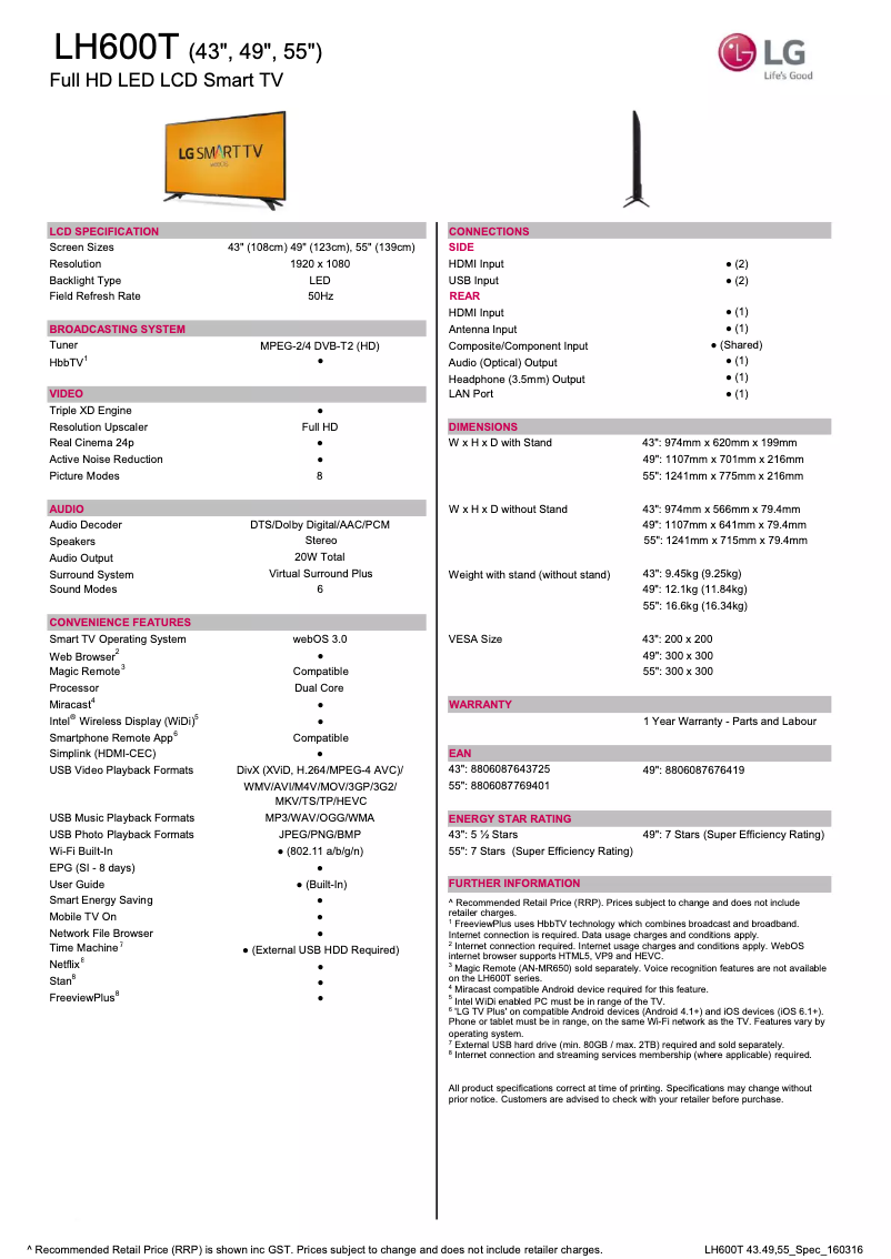Page 1 de la notice Fiche technique LG 43LH600T