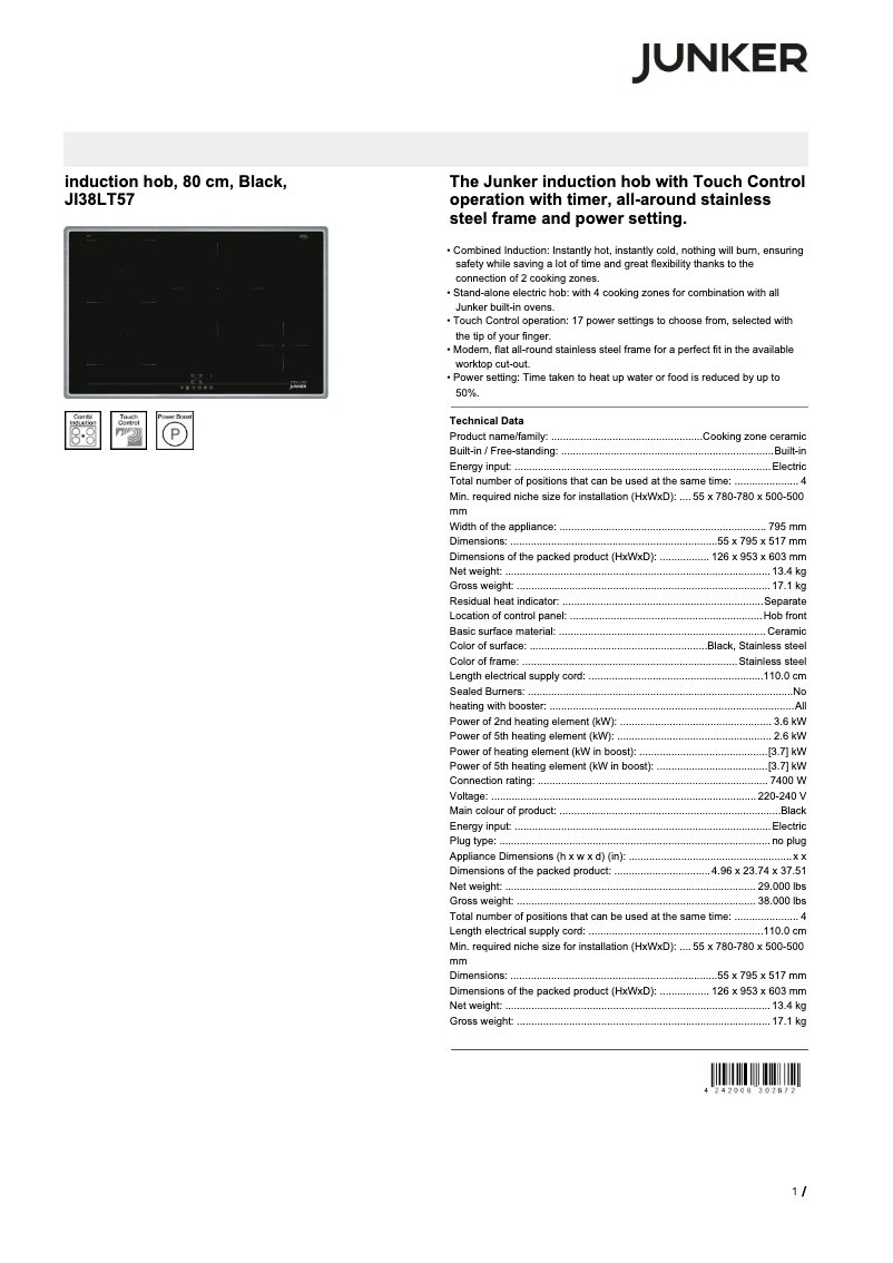 Page 1 de la notice Fiche technique Junker JI38LT57