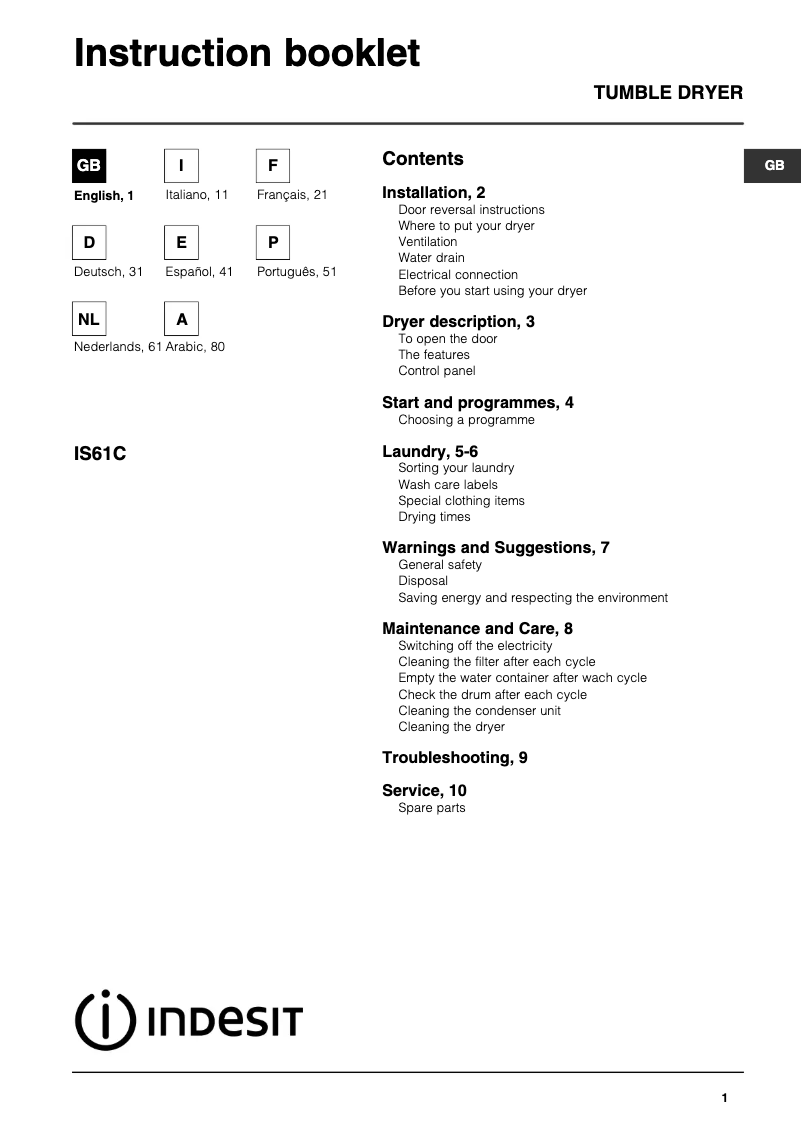 Page 1 of the manual User Manual Indesit IS61C (EX)