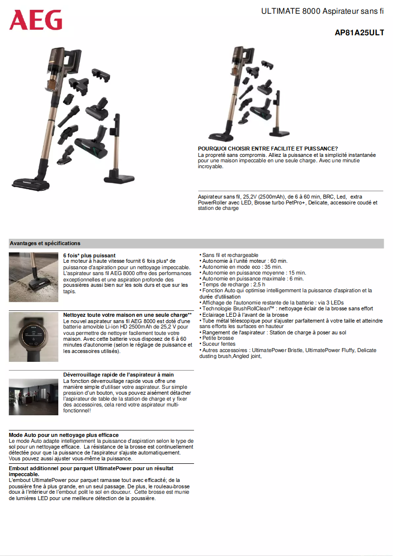 Page 1 de la notice Fiche technique AEG Ultimate 8000