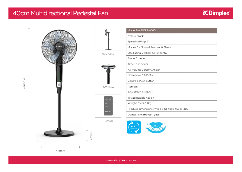 Page 1 of the manual Technical Sheet Dimplex DCPFAC40