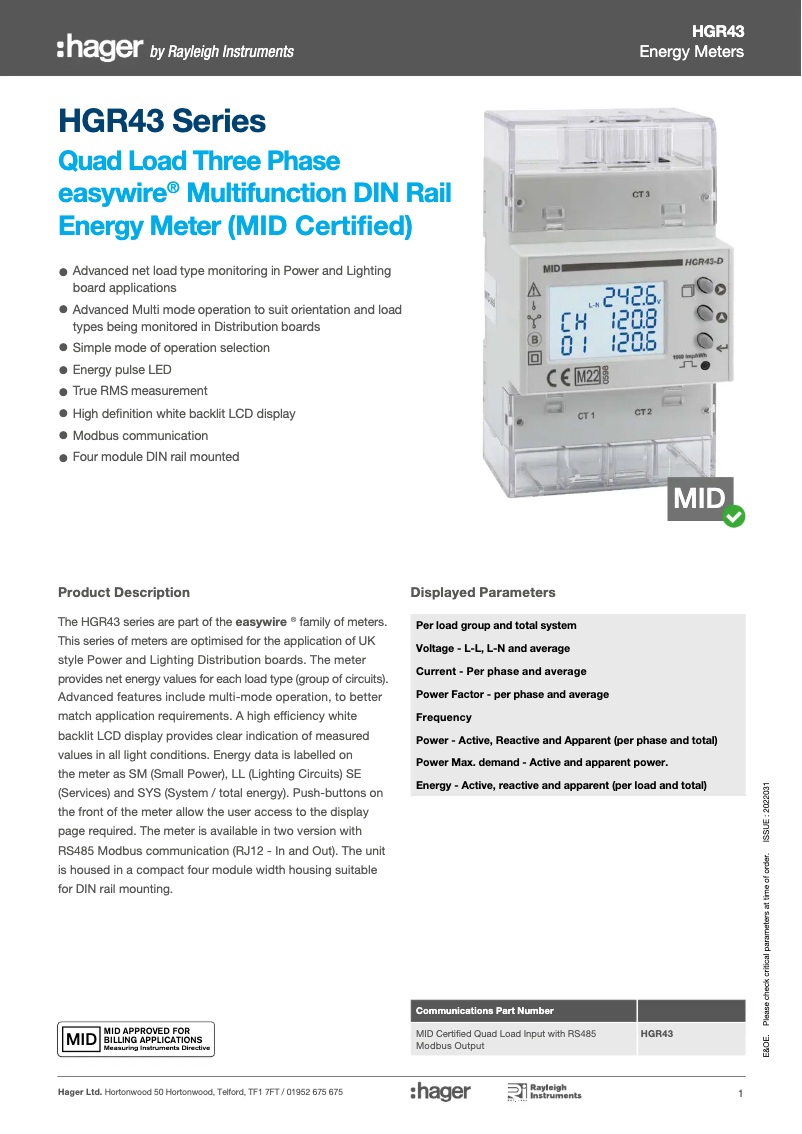 Page 1 of the manual Technical Sheet Hager JKD125TMID