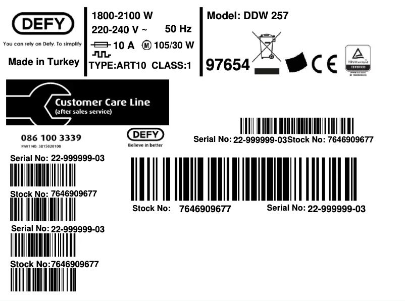 Page 1 de la notice Label énergétique Defy DDW 257