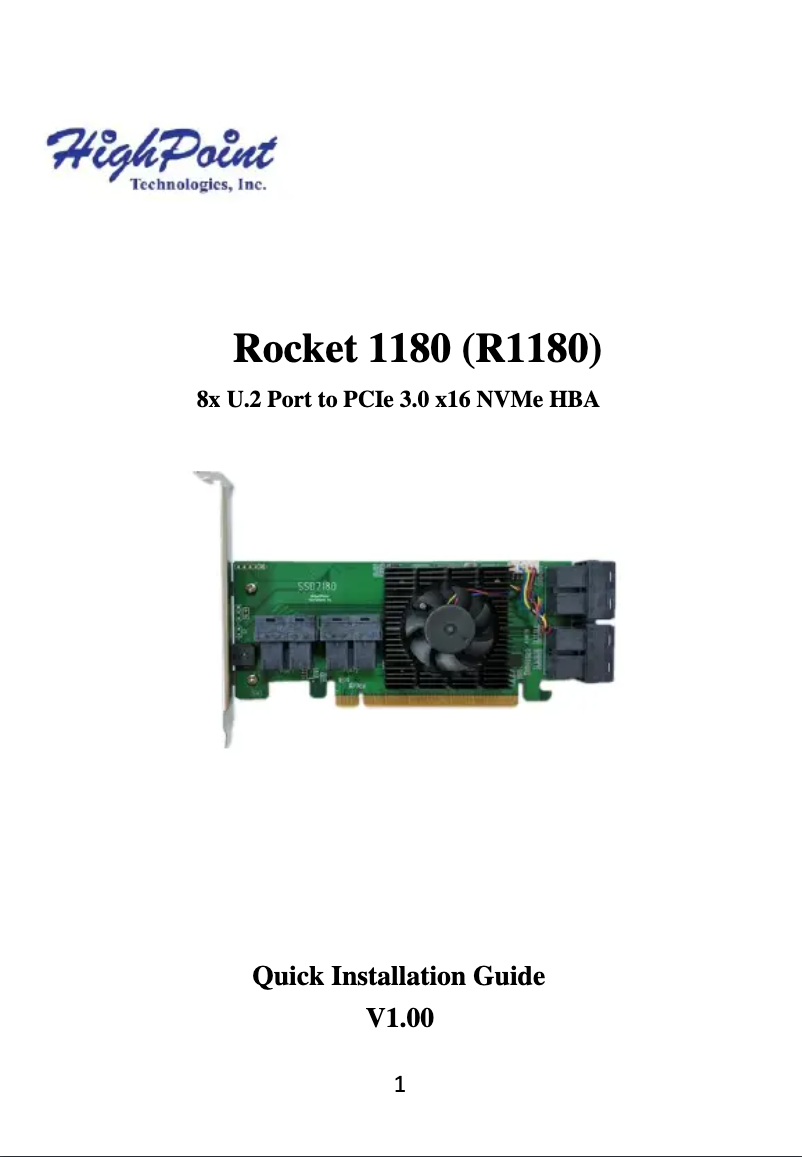 Page 1 de la notice Manuel utilisateur Highpoint Rocket 1180 8-Channel U.2 SSD PCIe Host Bus Adapte