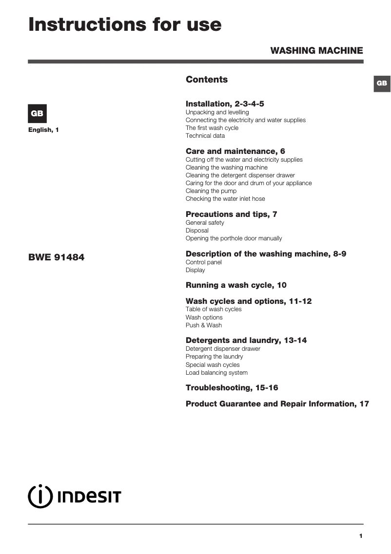 Página 1 del manual Manual de usuario Indesit BWE 91484X WKKK UK