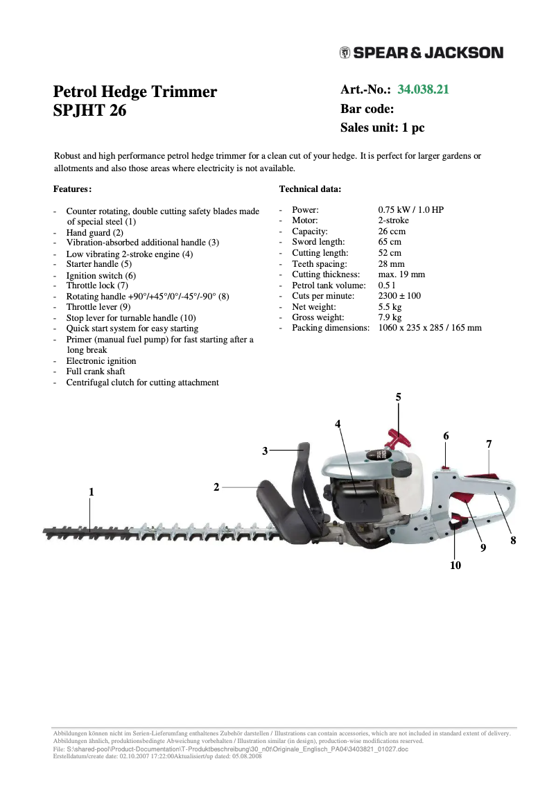 Page 1 de la notice Fiche technique Spear & Jackson SPJHT 26
