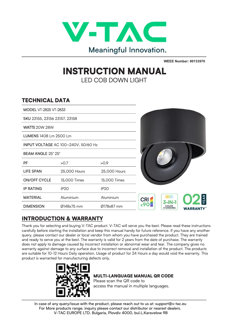Page 1 de la notice Manuel utilisateur V-TAC VT-2825