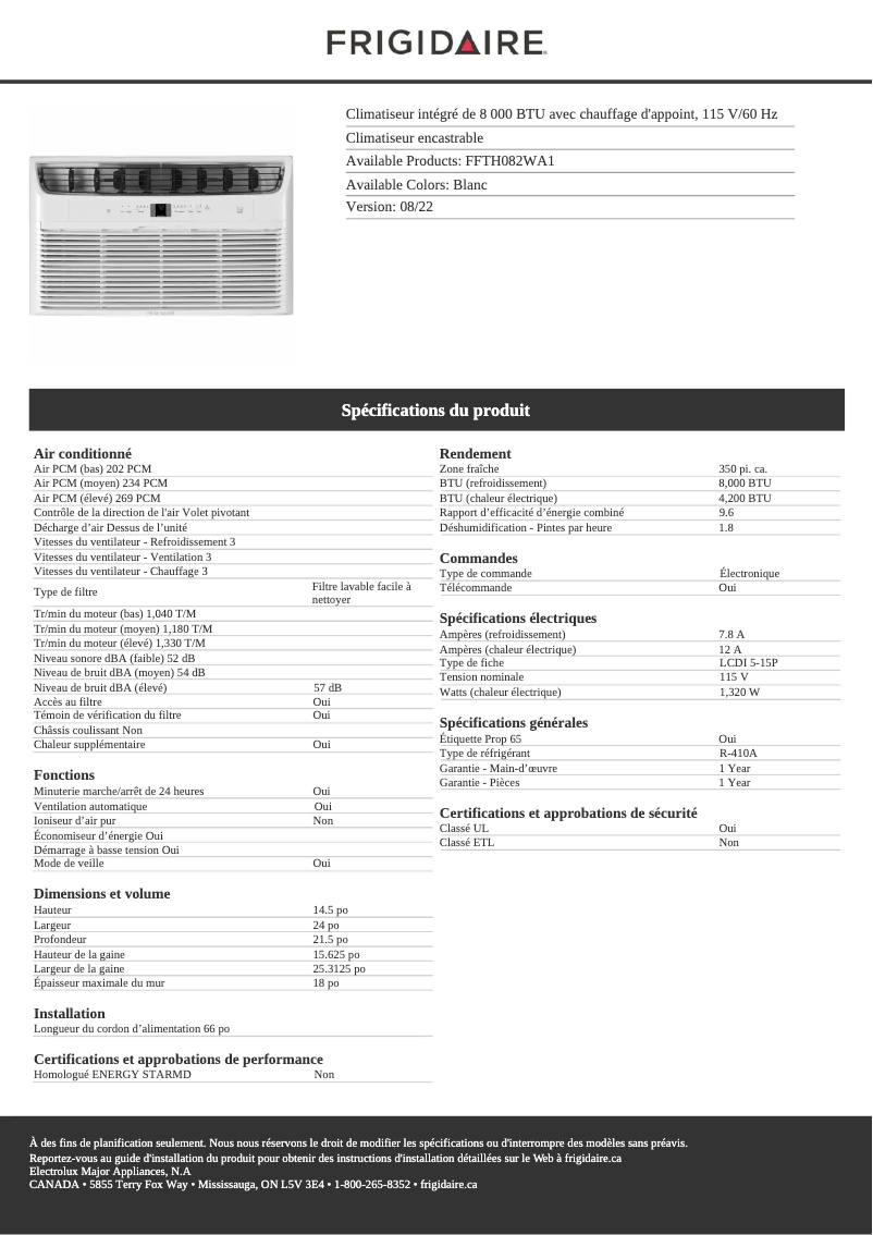 Page 1 de la notice Fiche technique Frigidaire FFTH082WA1
